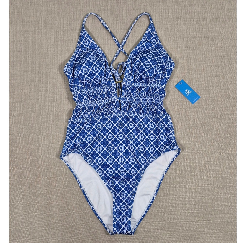 CUPSHE Womens One Piece Swimsuit Blue White Textured Plunging Cutout Size L‎ NEW